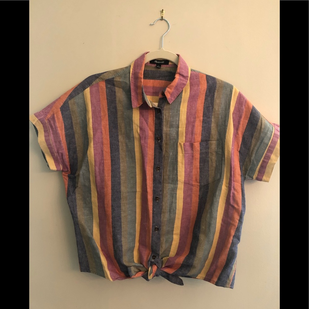 Madewell Pink Blue Yellow Striped Short-Sleeve Button-Down